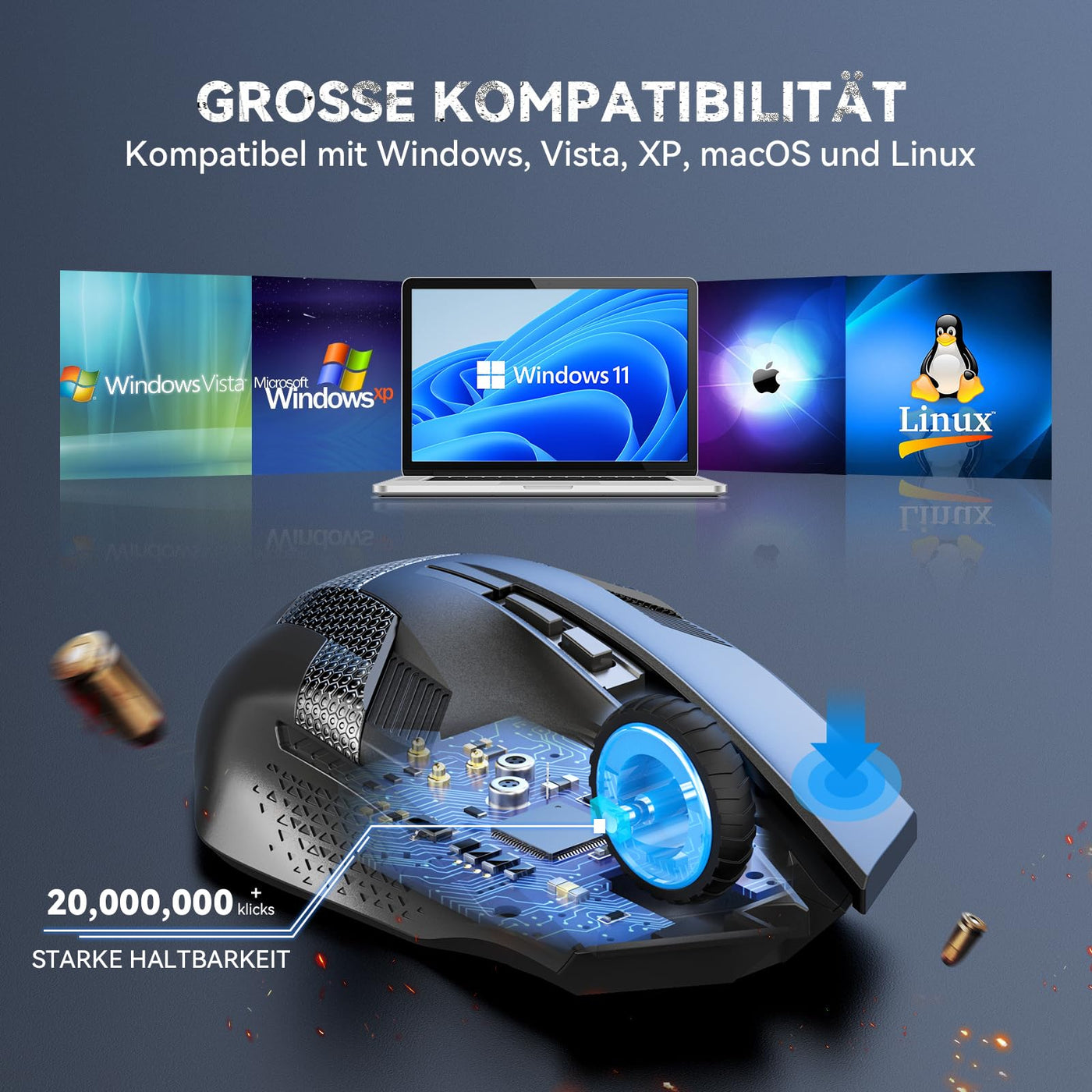TECKNET Kabellose Gaming Maus, 2,4 GHz Wireless Gamer Maus 8 Tasten, 4800 DPI, 20 Millionen Klicks, Wireless Mouse, Ergonomische Optische Maus für PC/Mac/Laptop
