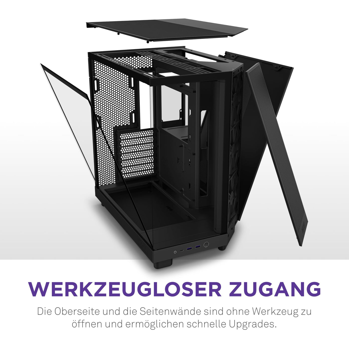 NZXT H6 Flow | CC-H61FB-01 | Kompaktes Mid-Tower Gehäuse mit zwei Kammern | Glaspaneele mit Panoramablick | Hochleistungs-Airflow-Panels | Inklusive 3 x 120 mm-Lüfter | Schwarz