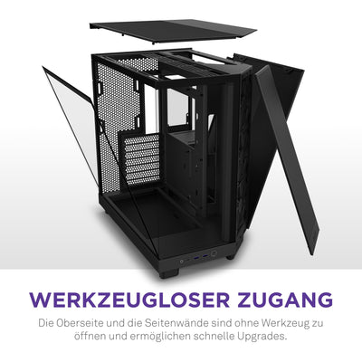 NZXT H6 Flow | CC-H61FB-01 | Kompaktes Mid-Tower Gehäuse mit zwei Kammern | Glaspaneele mit Panoramablick | Hochleistungs-Airflow-Panels | Inklusive 3 x 120 mm-Lüfter | Schwarz