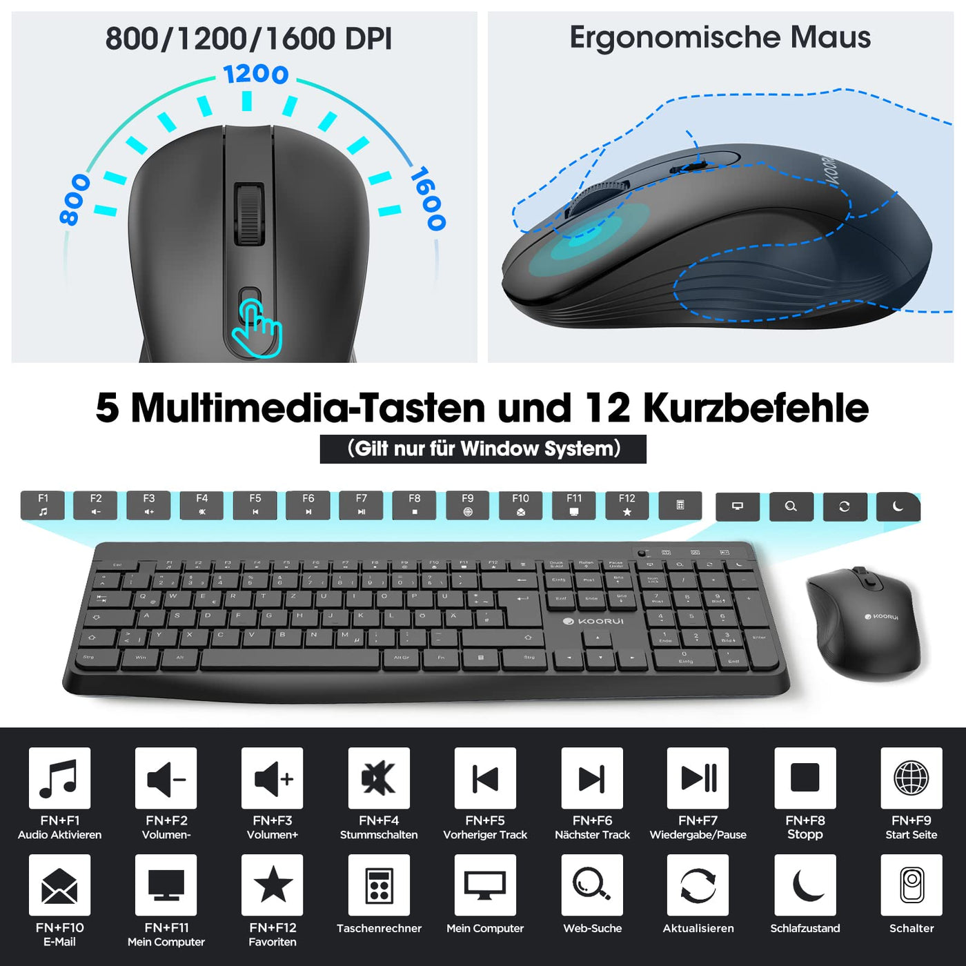 KOORUI Tastatur und Maus Kabellos, Leise Maus Tastatur Set Deutsches Layout QWERTZ mit 12 Funktionstasten 2.4 GHz Tastatur Maus Set für Windows,MacOS,Linux-Schwarz