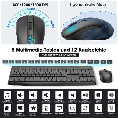 KOORUI Tastatur und Maus Kabellos, Leise Maus Tastatur Set Deutsches Layout QWERTZ mit 12 Funktionstasten 2.4 GHz Tastatur Maus Set für Windows,MacOS,Linux-Schwarz