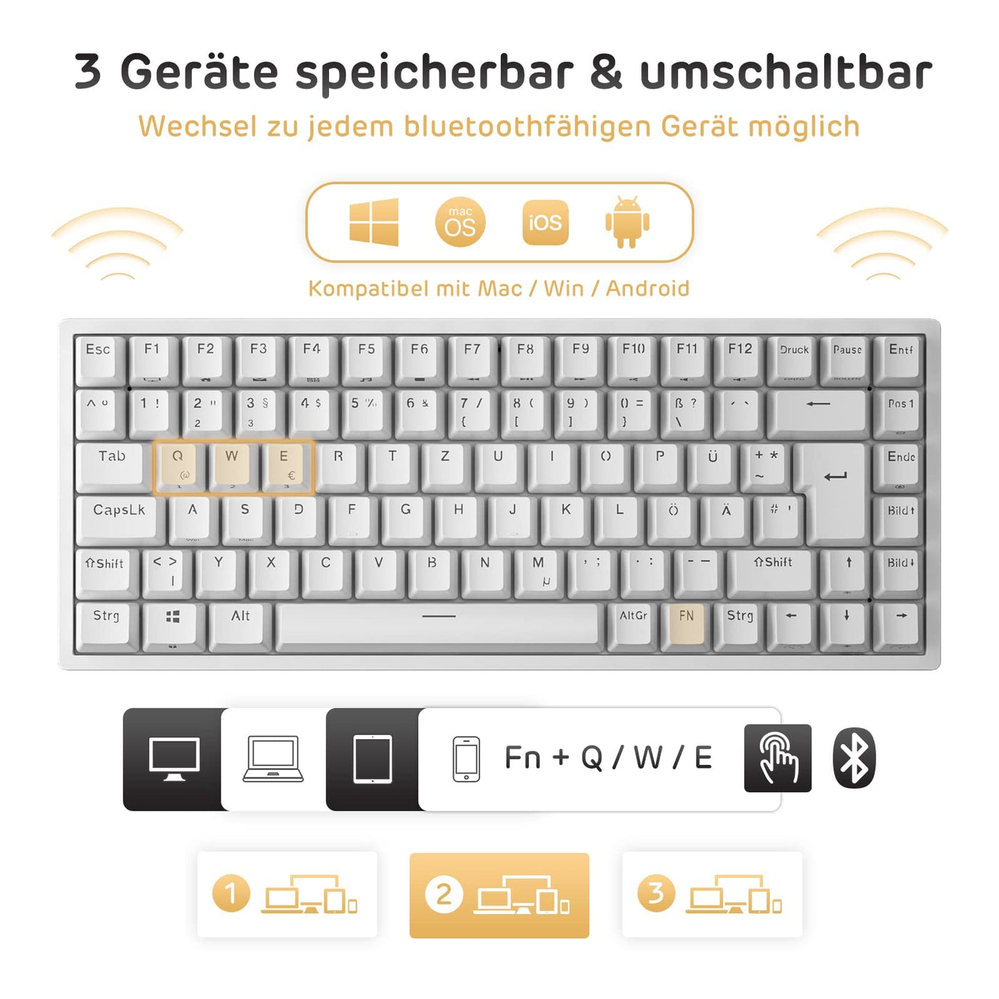RK ROYAL KLUDGE RK84-DE 75% Gaming-Tastatur, 85 Tasten Kompakte TKL , Bluetooth Mechanische , Roter Schalter, RGB Hintergrundbeleuchtung, 2.4Ghz für Mac & Windows
