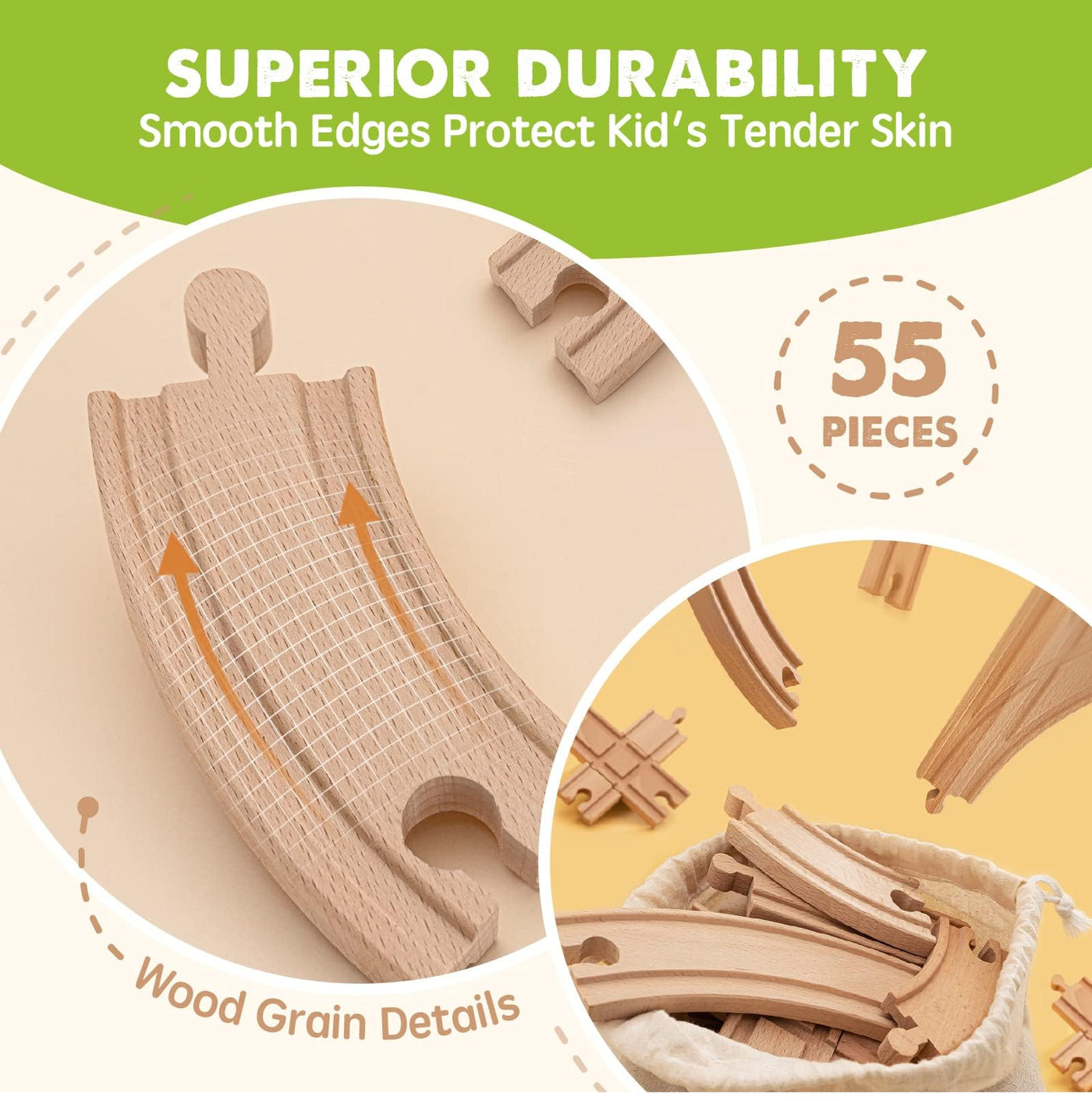 Tiny Land 55Pcs Holzeisenbahn Set, Eisenbahn Holz für Kinder mit Kran, Kombinierbar Zug Spielzeug, Holzeisenbahn Zubehör Passend für Alle Großen Marken, Holzzug Spielzeug für Kinder ab 2~5