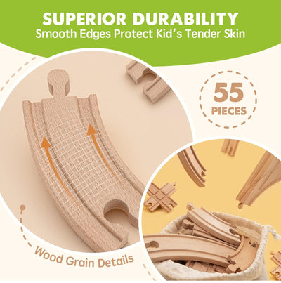 Tiny Land 55Pcs Holzeisenbahn Set, Eisenbahn Holz für Kinder mit Kran, Kombinierbar Zug Spielzeug, Holzeisenbahn Zubehör Passend für Alle Großen Marken, Holzzug Spielzeug für Kinder ab 2~5