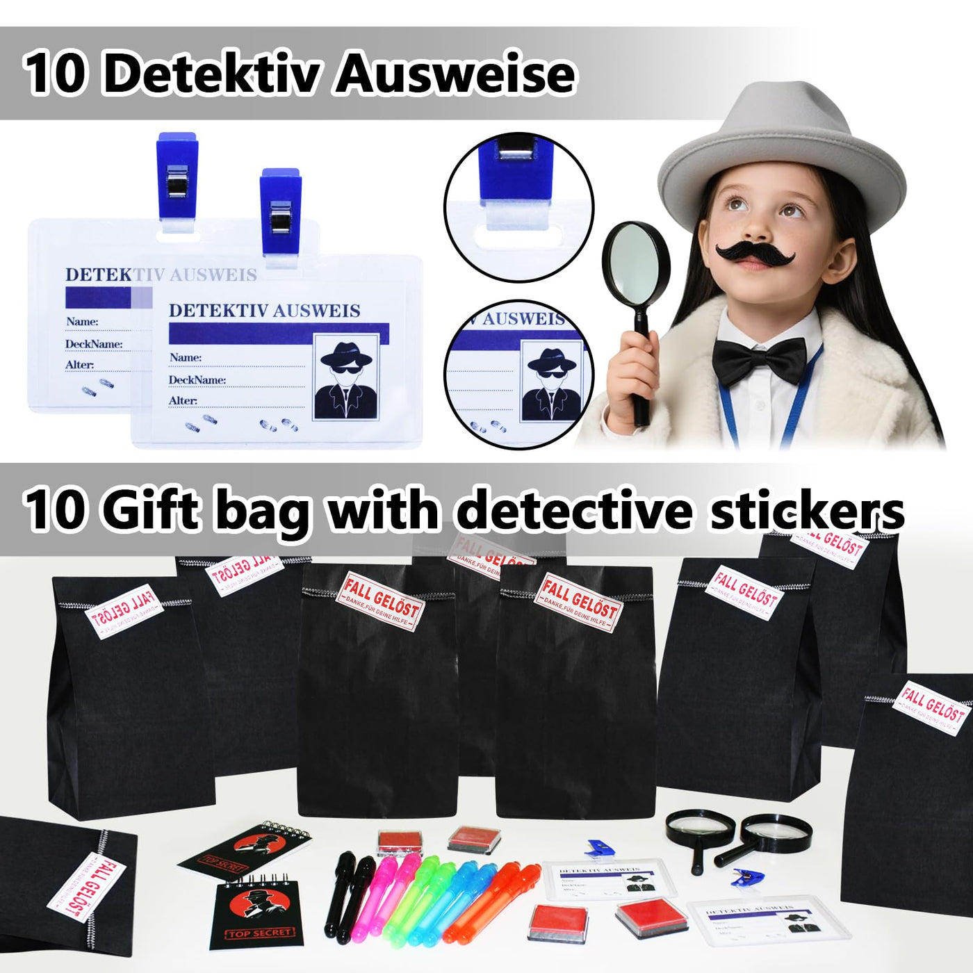 82STK Detektiv Set Kinder, Detektiv Kindergeburtstag Mitgebsel mit Geschenktüten, Geheimstift, Notizbuch, Lupe, Detektivausweis, Schnurrbart, Stempelkissen, Detektive Spielzeug für Jungen Mädchen