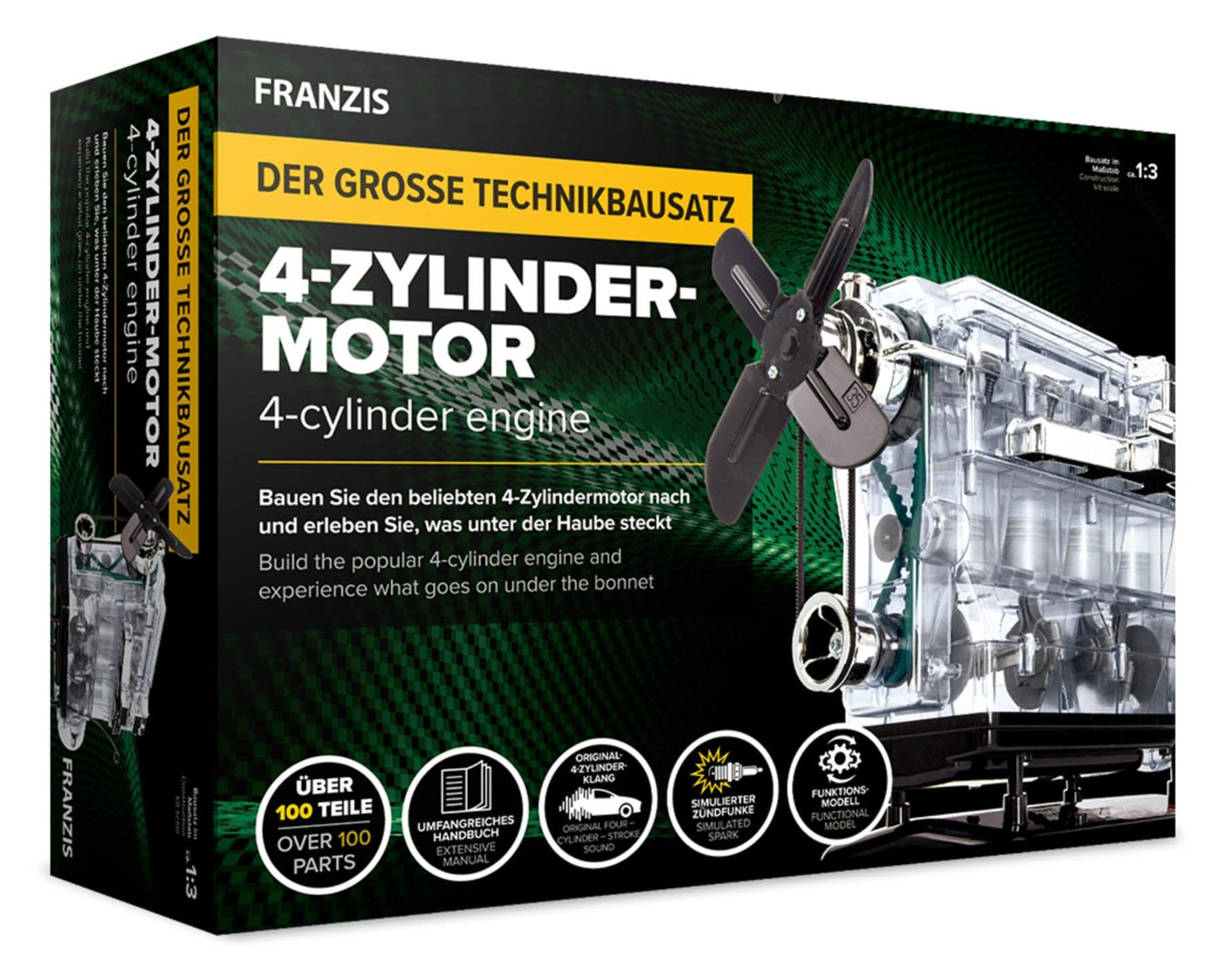 Franzis 67175 - Der große Technikbausatz 4-Zylinder-Motor, hochwertiger Modell-Bausatz im Maßstab 1:3, 100 Bauteile zum Stecken und Schrauben, inkl. Soundmodul, Anleitung und Begleitbuch