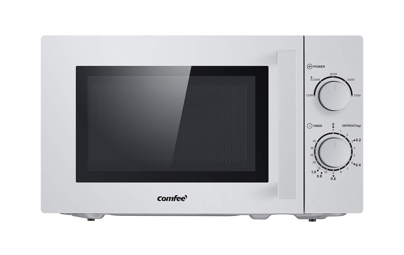 Comfee CMSN 20 si Mikrowelle / Solo-Mikrowelle mit 5 Leistungsstufen/ Innenbeleuchtung/ easy Defrost/360°Drehteller / Zwei Drehregler/20L/700W/ Silber