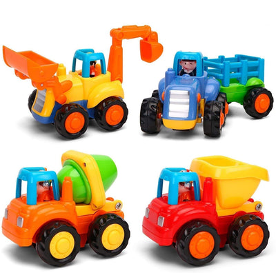 MOONTOY Baby Spielzeugauto Bagger Konstruktionsfahrzeuge Baufahrzeuge 4 in einem Set für Kinder, Traktor, Bulldozer, Kipper & Zementmischer