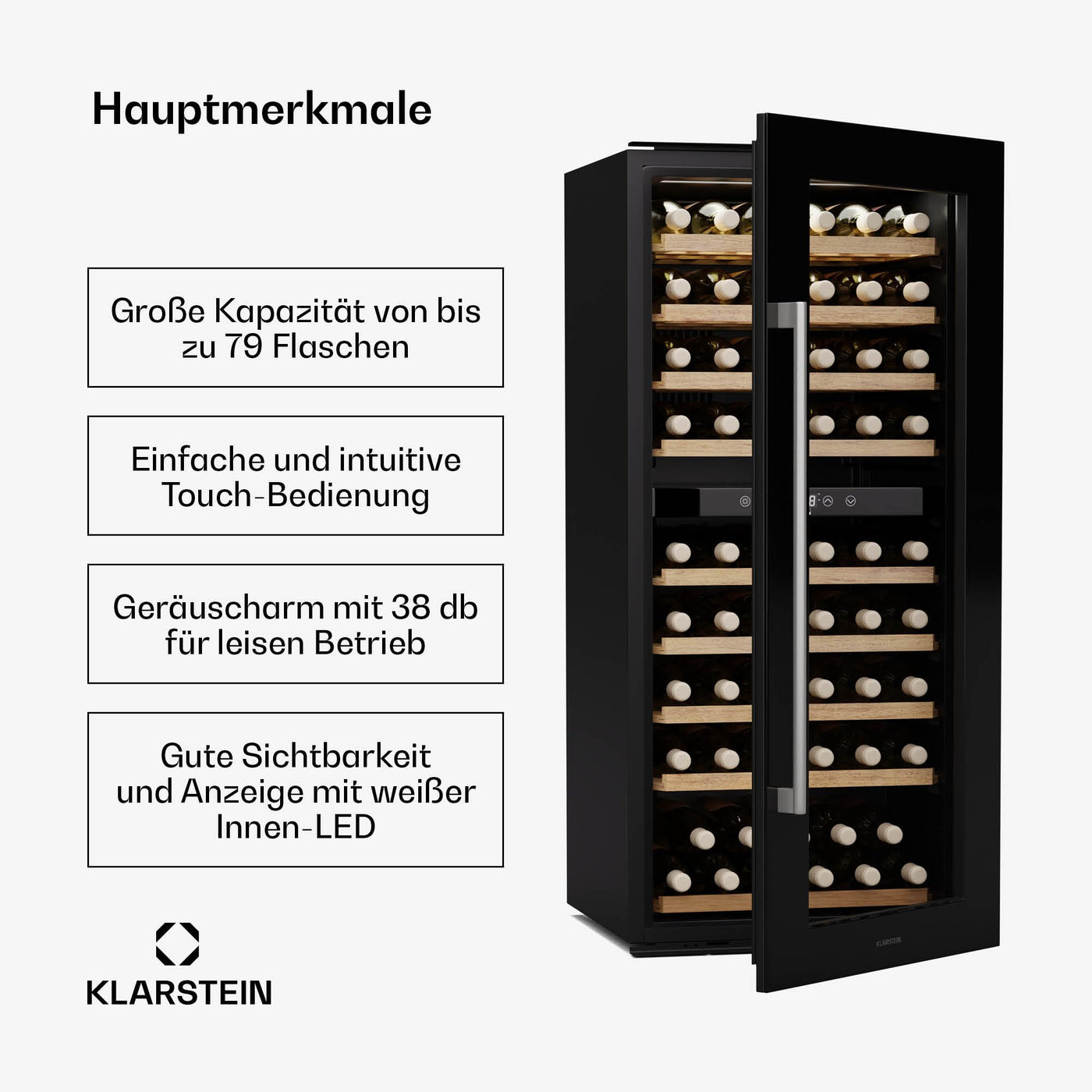 Klarstein Vinsider Duo Weinkühlschrank - 79 Flaschen, 2 Zonen, 5-22 °C, Touch-Bedienung, LED-Beleuchtung, UV-Schutz, Einbauschrank, Schwarz