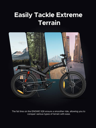 ENGWE X24/X26 E Bike Klapprad Elektrofahrrad mit 24''/26" x 4.0 Fat-Reifen Dualer herausnehmbarer Akku 48V 19.2AH/+10AH Reichweite 100/150km, 3 Federungen (X26 Doppelter Akku 19.2AH+10AH, Grau)