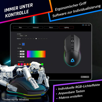 KLIM Blaze - Wiederaufladbare kabellose RGB Gaming Maus - NEU 2023 - Hochpräziser Sensor mit Langer Akkudauer - Einstellbar auf bis zu 10000 DPI - Kabel- und Funk Maus Modus (Schwarz)