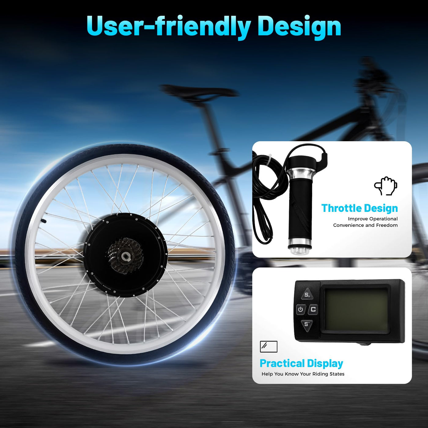 jiumxliu 26 Zoll 48V Ebike Umbausatz 1000W Elektrofahrrad Umbausatz Vorderrad Bürstenloser Getriebemotor Ebike Conversion Kit 31.05 km/h, 7-Stufen PAS, Tempomat, LCD-Display
