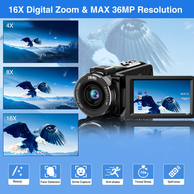 CAMKORY Videokamera 2.7K Camcorder 36MP 16X Digitalzoom IR-Nachtsicht 3.0'' Berühren Sie den IPS-Bildschirm Webcam Kamera für YouTube Tiktok mit 2 Batterien