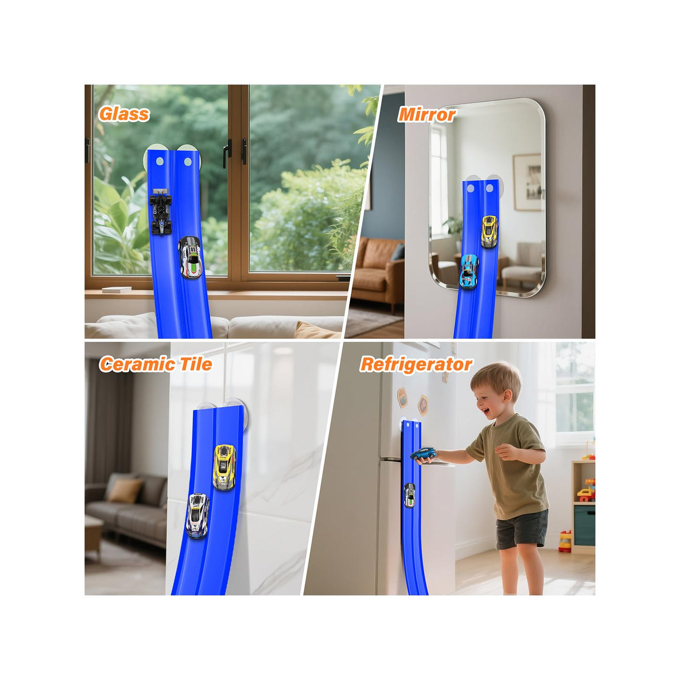 Autorennbahn 5M Inklusive 4 Autos: KETIEE Flexible Rennstrecke Auto Rennbahn Spielzeug Autobahn Kinder Rollt Auf Tragbare Dual Rennstrecke Rampen für 1/64th Autos für Alter 3+, Blau