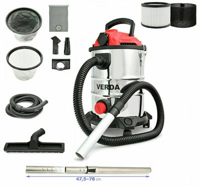 Verda Nass- und Trockensauger 1650W Industriesauger + Steckdose + Wasserablass + Blasfunktion Aschesauger für Kamin und Pelletofen 25 Liter Metallbehälter Edelstahltank [SN196]