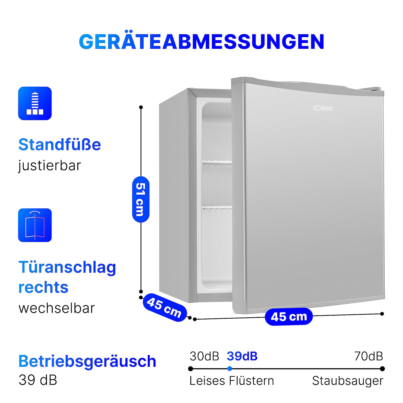 Bomann® Mini Kühlschrank 42 Liter | Getränkekühlschrank klein für Büro, Camping und Gaming | kleiner Kühlschrank leise 39 dB | Minibar mit wechselbarem Türanschlag | 51x45x45 cm | KB 7346 inox