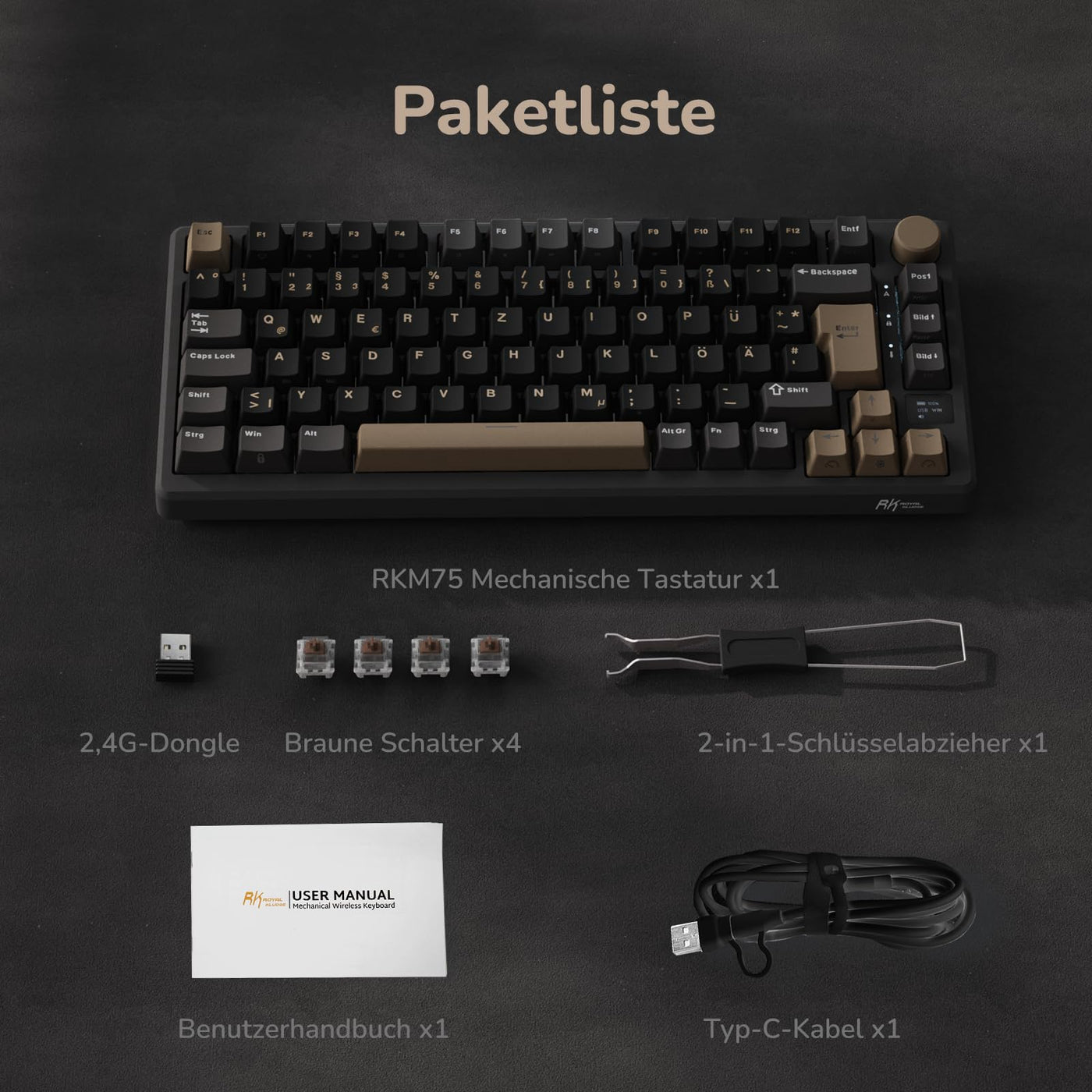 RK ROYAL KLUDGE M75 Gaming Tastatur kabellos 75% Prozent TKL Mechanische Tastatur RGB 2,4 GHz Wireless/Bluetooth/USB-C QWERTZ mit OLED-Smart-Display und Knopf Hot Swappable Braune Schalter, Grau