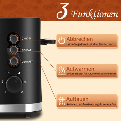 Aigostar Energy - Toaster 2 Scheiben mit Brötchenaufsatz, extra breite Toastschlitze & Brotzentrierung, 6 Bräunungsstufen, Abbruch-, Auftau- & Aufwärmfunktionen, Krümelschublade, 800W, Schwarz