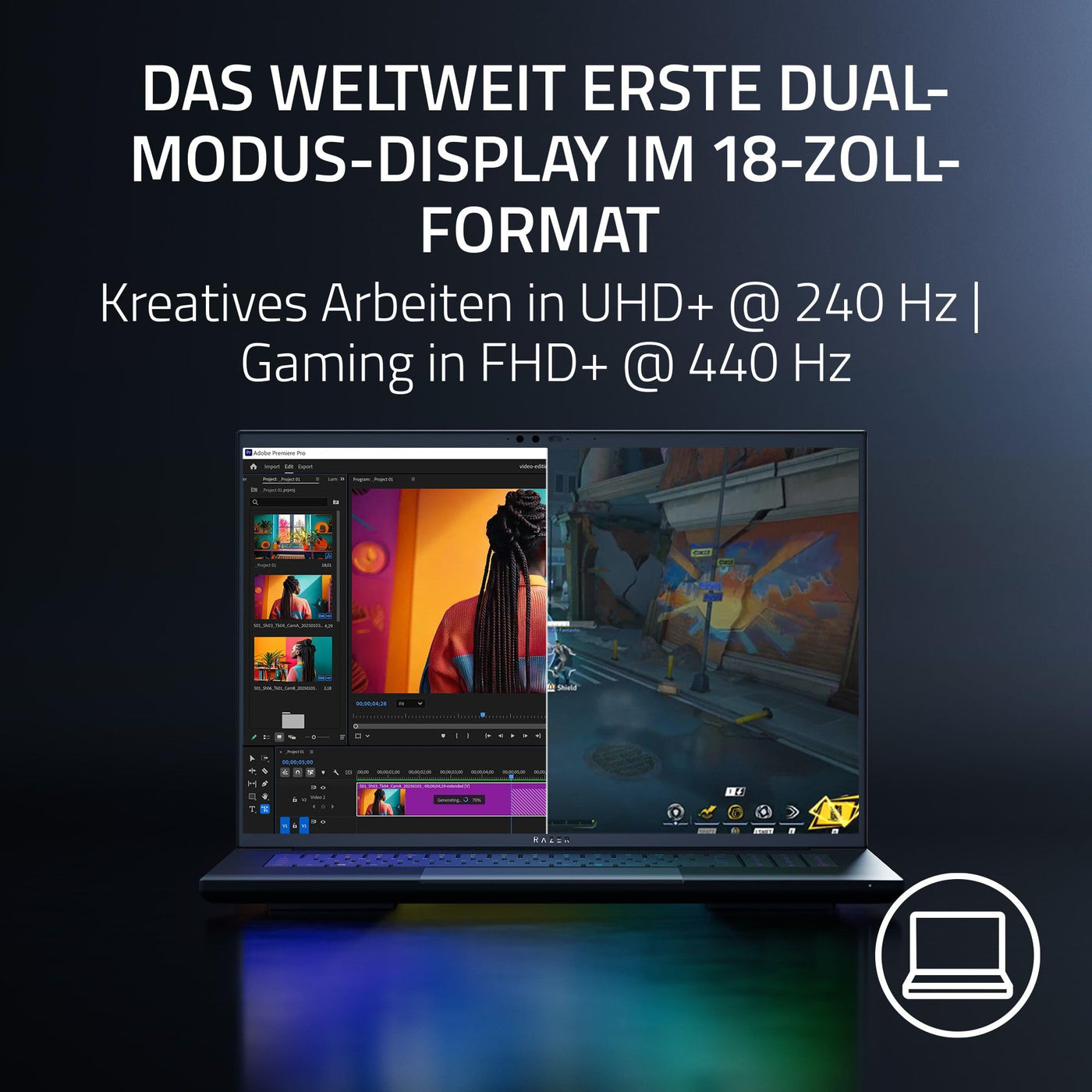 Razer Blade 18 (2025) - 18 Zoll Gaming-Laptop - NVIDIA GeForce RTX 5080 - Intel Core Ultra 9 275HX - 18" Dual Display UHD+ 240Hz - FHD+ 440Hz - 32GB DDR5-1TB SSD - QWERTZ DE-Layout | Schwarz
