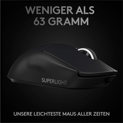 Logitech G PRO X SUPERLIGHT kabellose Gaming-Maus mit HERO 25K Sensor, Ultra-leicht mit 63g, 5 programmierbare Tasten, 70 Stunden Akkulaufzeit, PTFE-Füße ohne Zusatzstoffe, PC/Mac - Schwarz