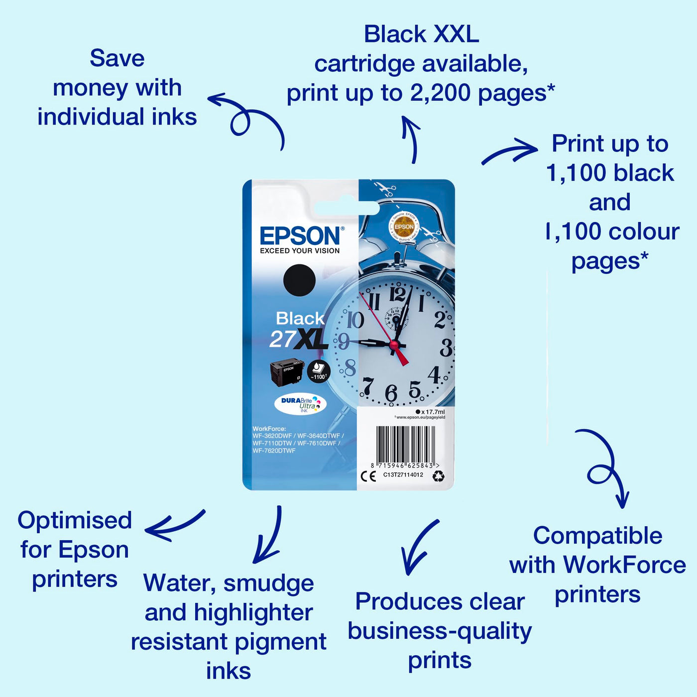 Epson Original 27 Tinte Wecker (WF-3620DWF, WF-3640DTWF, WF-7110DTW, WF-7210DTW, WF-7610DWF, WF-7620DTWF, WF-7710DWF, WF-7715DWF, WF-7720DTWF), schwarz, XL