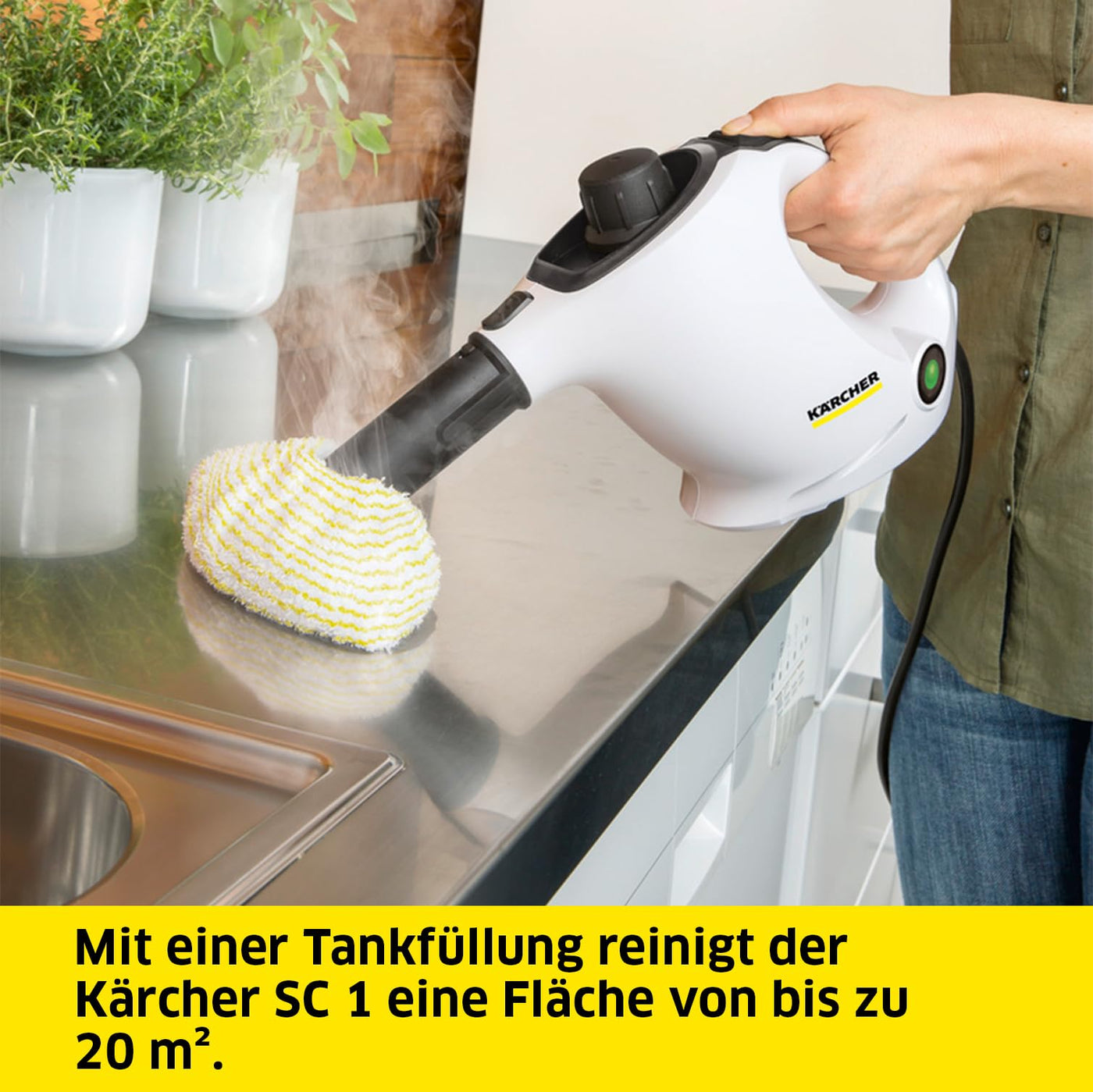 Kärcher Dampfreiniger SC 1, Dampfdruck: 3 bar, Aufheizzeit: 3 min., Leistung: 1.200 W, Flächenleistung: 20 m², Tank: 200 ml, mit Hand-, Punktstrahl- und Powerdüse, Mikrofaser-Überzug und Rundbürste