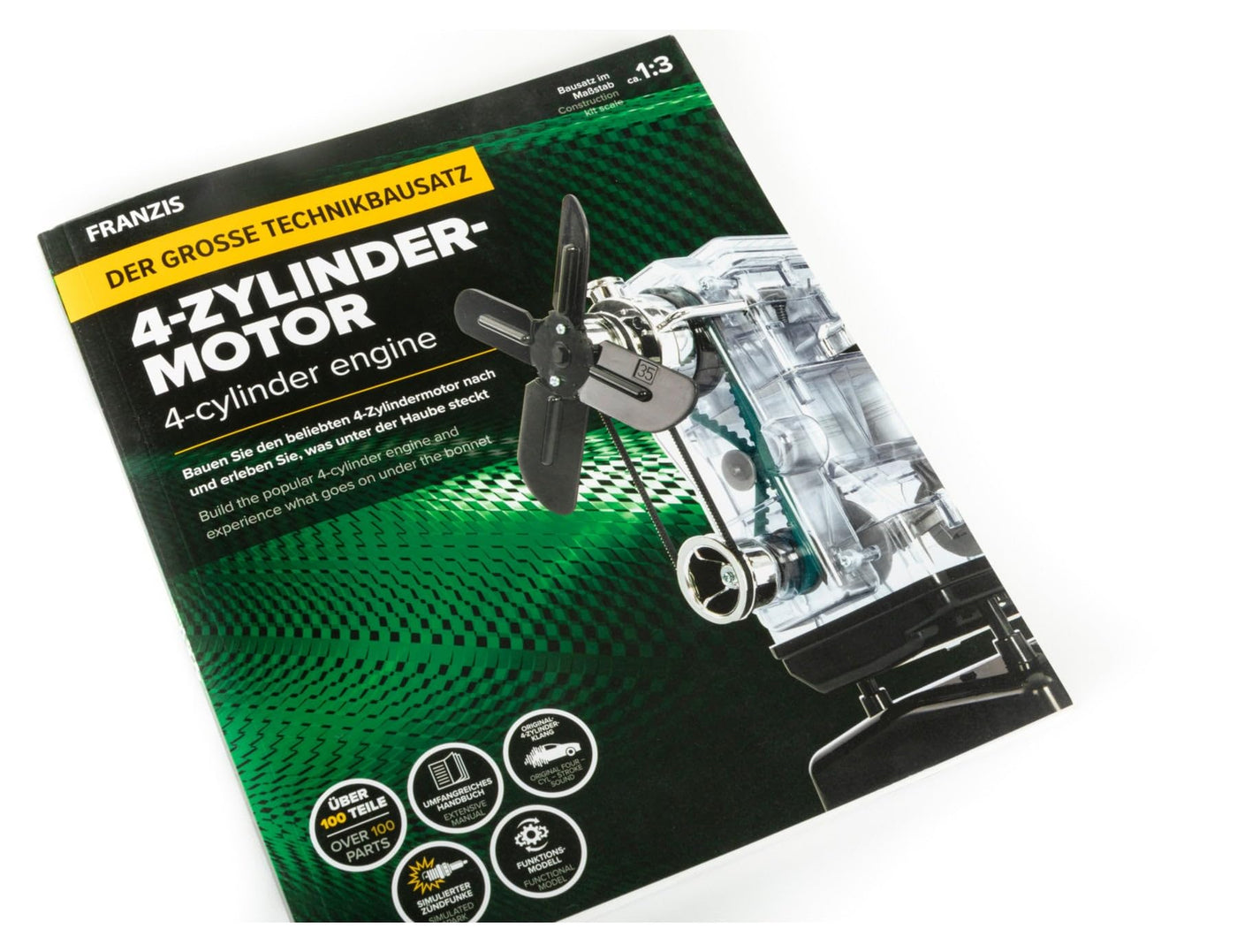 Franzis 67175 - Der große Technikbausatz 4-Zylinder-Motor, hochwertiger Modell-Bausatz im Maßstab 1:3, 100 Bauteile zum Stecken und Schrauben, inkl. Soundmodul, Anleitung und Begleitbuch