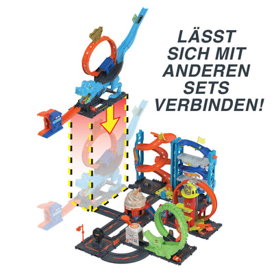 Hot Wheels City T-Rex Angriff - Geschicklickheit durch genaues Timing, Polizeiwache, Looping, Dinosaurier, Kreuz-Augen, für Kinder ab 4 Jahren, HNP77