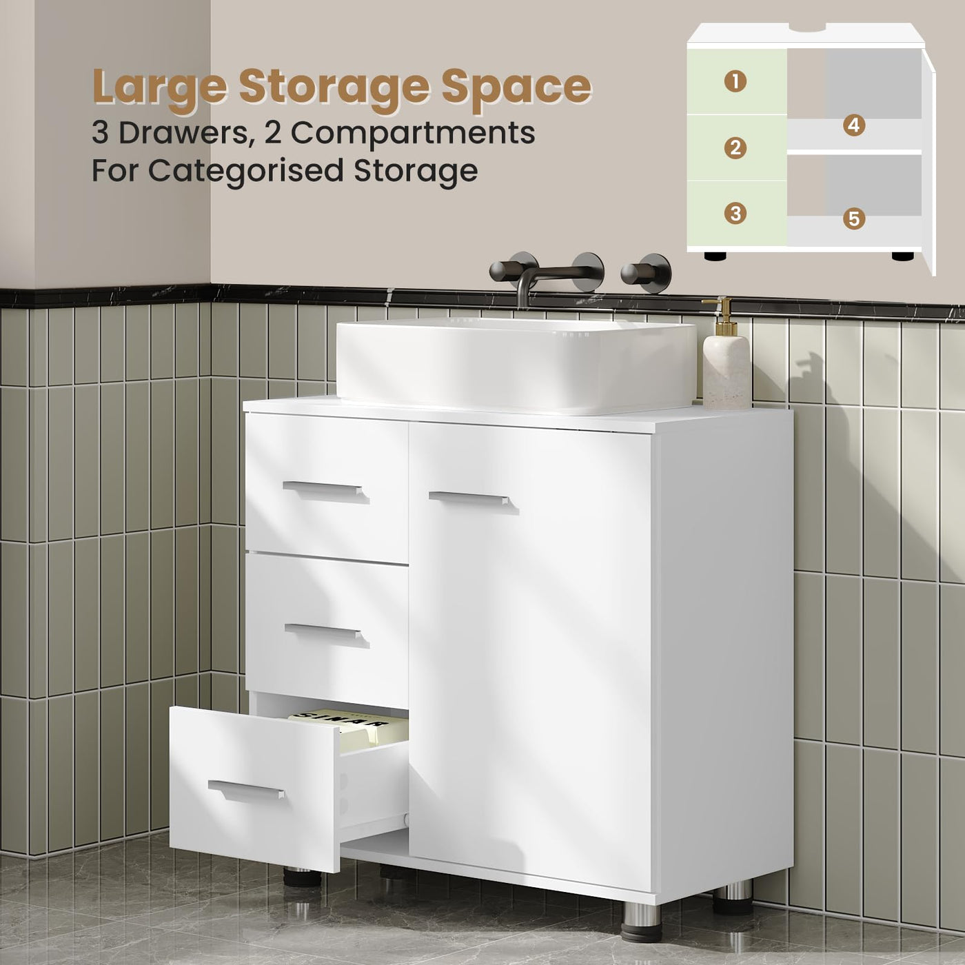 EUGAD Waschbeckenunterschrank, Badezimmerschrank mit 3 Schubladen, 2 Fächer hinter Tür, verstellbare Ablage, Badezimmer Unterschrank, Waschtischunterschrank weiß, 60x59,5x30 cm