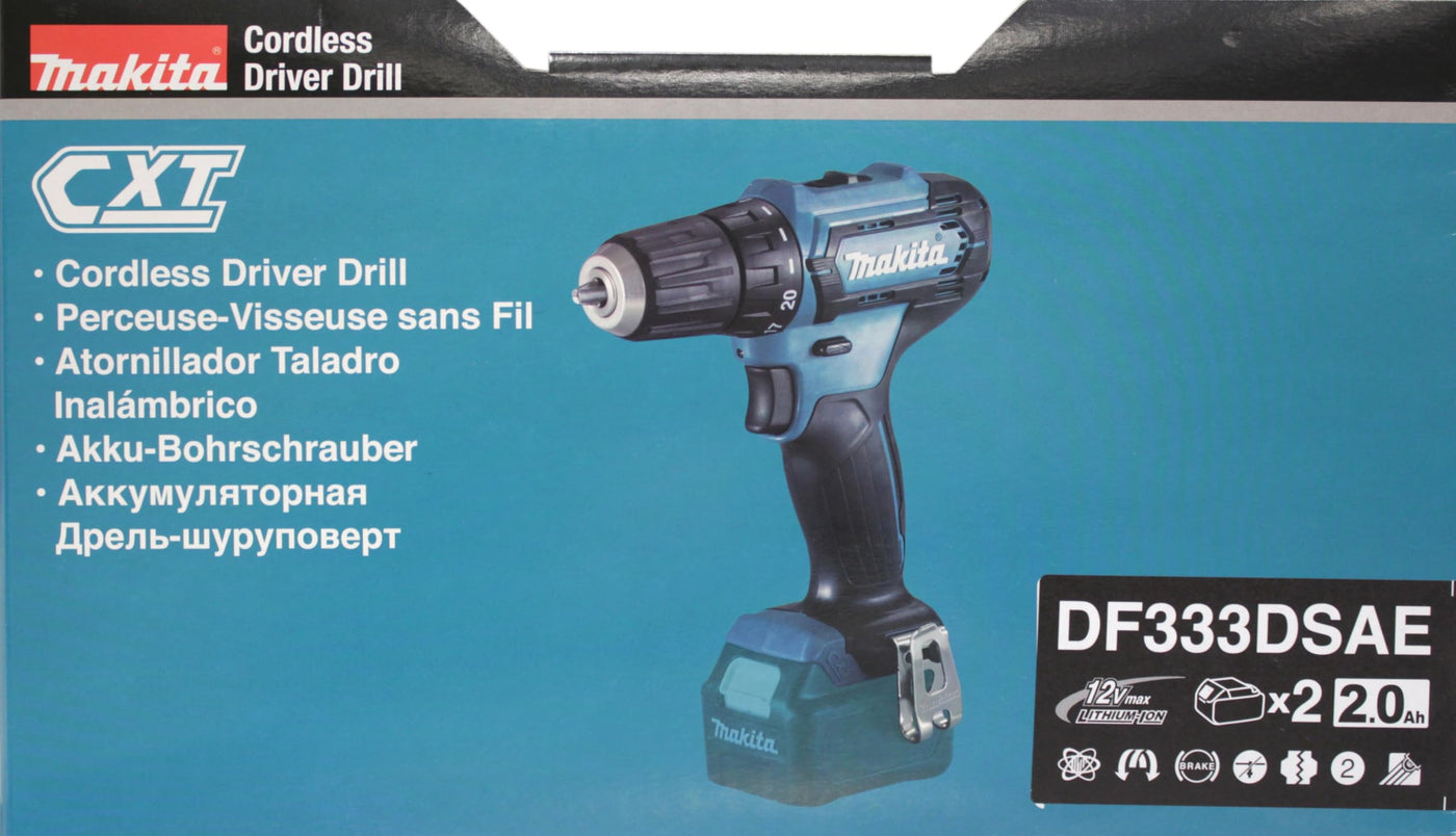 Makita DF333DSAE Akku-Bohrschrauber 12 V max. / 2,0 Ah, 2 Akkus + Ladegerät im Transportkoffer, Schwarz, Blau