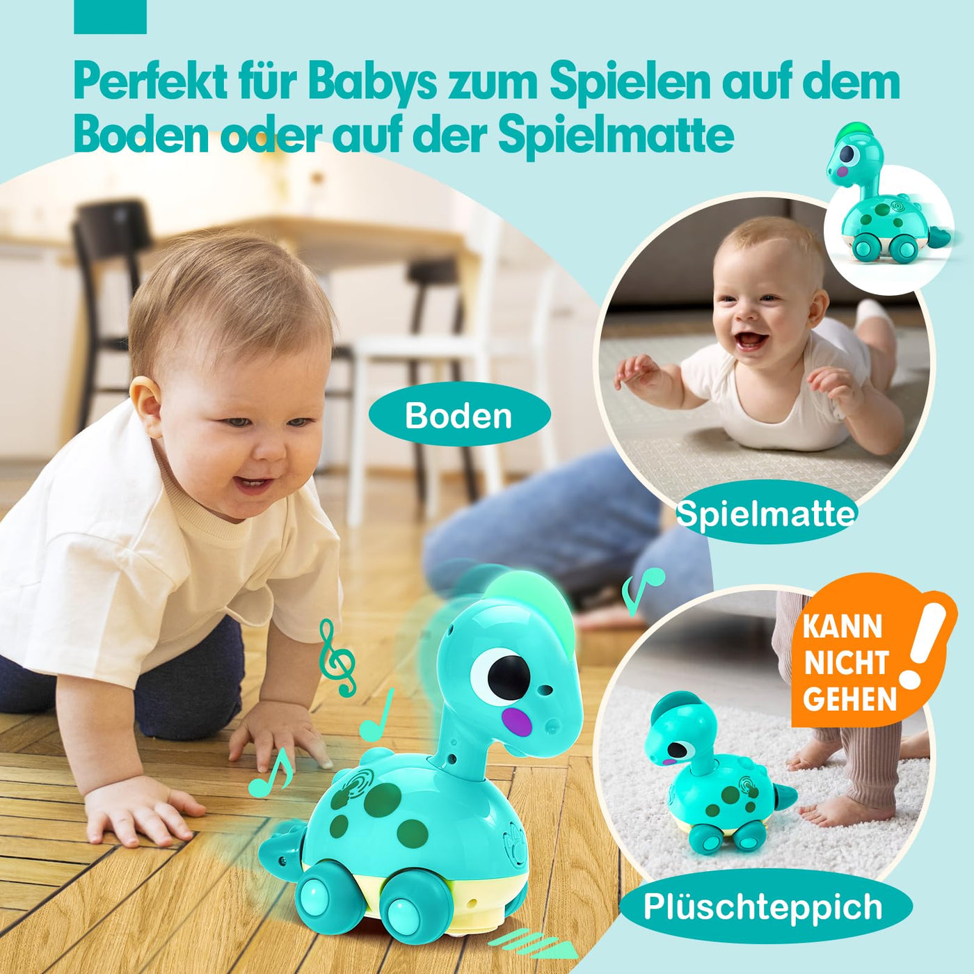 CubicFun Musik Dinosaurier Baby Spielzeug ab 6 9 12 Monate, Krabbelspielzeug mit Licht & Sound,Interaktives Krabbel Dino Baby Spielzeug 6 Monate,Tummy Time Toys,Weihnachten Geschenke für Junge Mädchen