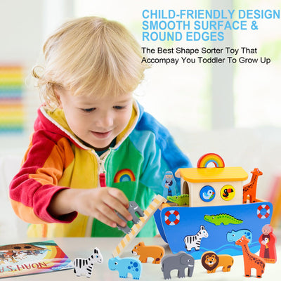 Arche Noah Holz | Holzspielzeug ab 1 2 3 Jahr Kinder | Taufgeschenke für Jungen Mädchen | Montessori Spielzeug Tier Sortier Stapel | Bibel Geschichte Buch Taufe