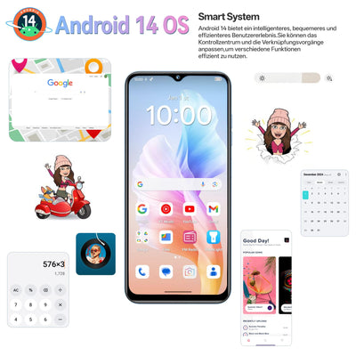 OUKITEL C36 Smartphone Ohne Vertrag 24GB+256GB/1TB,Android 14 4G Handy Günstig Octa Core,6,56 Zoll 90Hz Display,5150mAh Akku,13MP Panorama Kamera,Dual SIM Simlockfreie Handys,Fingerabdruck-Schwarz