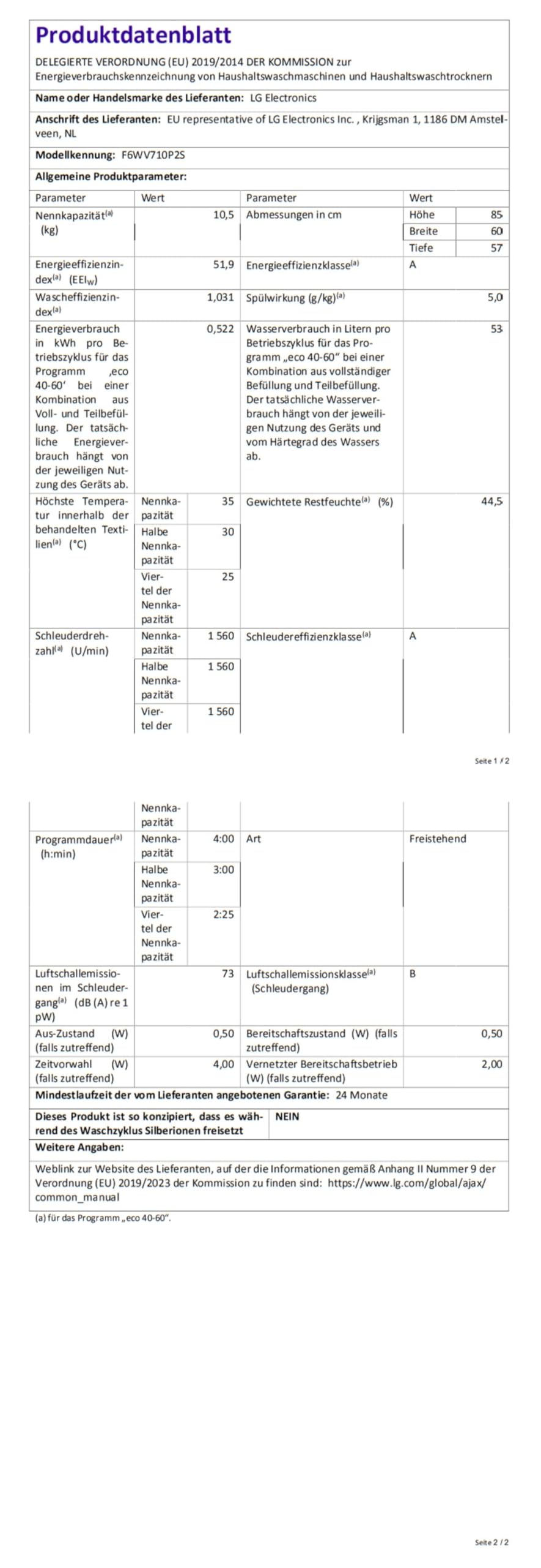 LG Electronics F6WV710P2S Waschmaschine EEK A Frontlader 10,5 kg 1600 Umin Dampf Inverter Direktantrieb