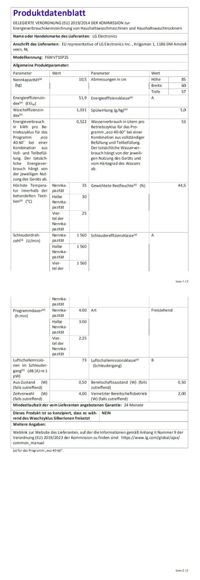 LG Electronics F6WV710P2S Waschmaschine EEK A Frontlader 10,5 kg 1600 Umin Dampf Inverter Direktantrieb