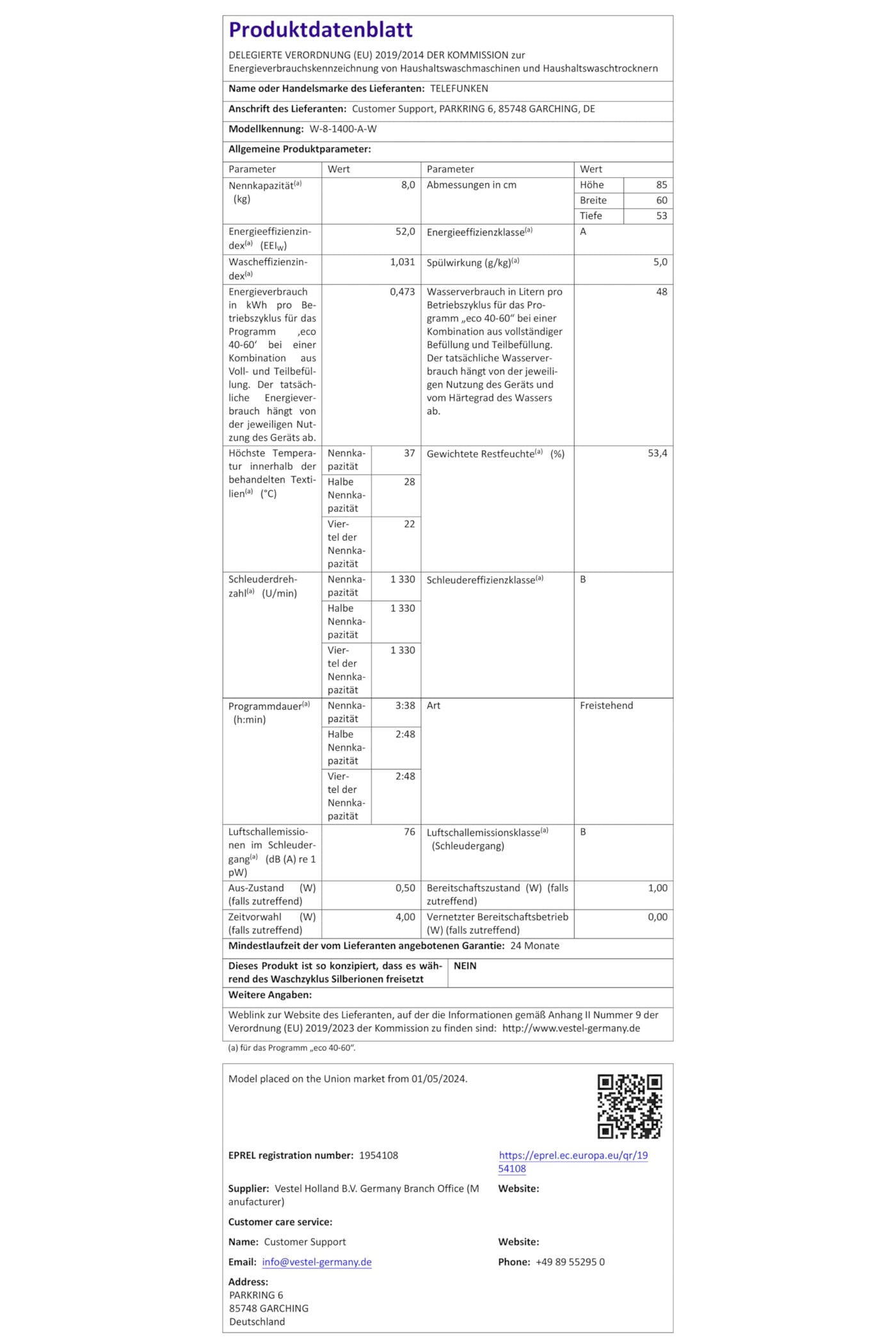 Telefunken Waschmaschine 8kg | 1400 U/Min. | Inverter Motor - Leise & Effizient | AquaStop - Schutz vor Wasserschäden | Schontrommel | Washing Machine mit 15 Programmen | EEK A | W-8-1400-A-W weiß