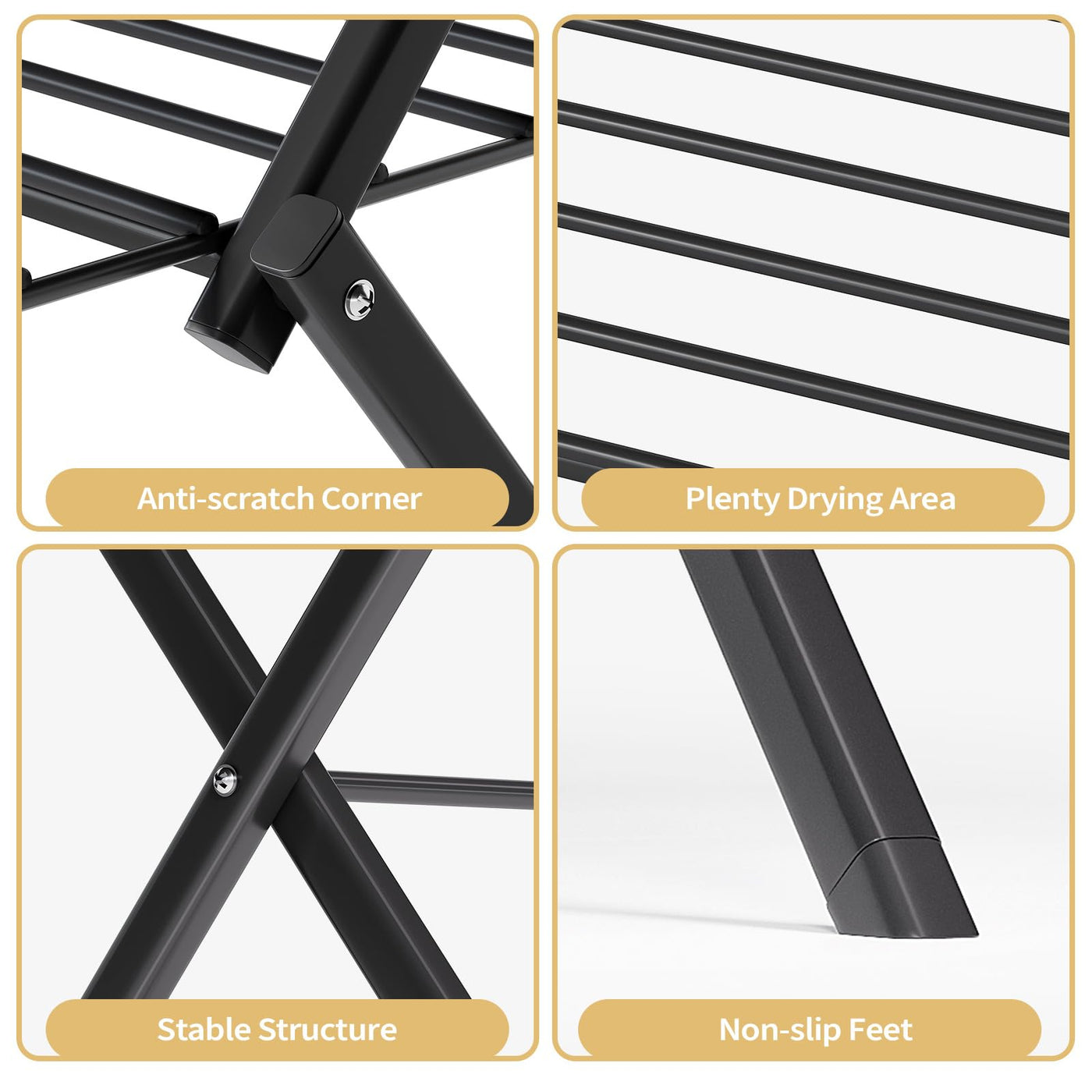 SYKIARIOL Klappbarer Wäscheständer - Mehrstöckiger, Faltbarer Wäschehänger aus Stahl für Großzügiges und Bequemes Trocknungserlebnis in Schwarz