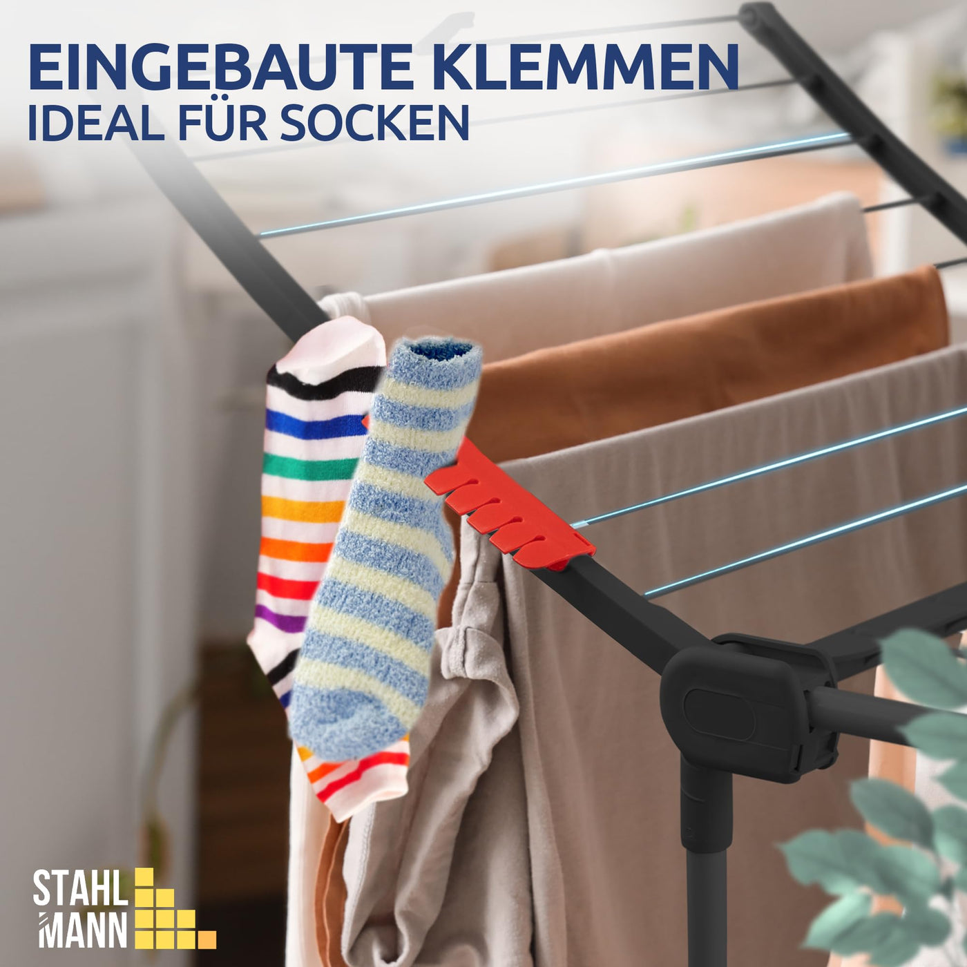 STAHLMANN ® Wäscheständer schwarz [18M Trockenfläche ] - Flügelwäscheständer [Made IN EU] 1,05 M Flügel ideal für Lange Kleidungsstücke - Wäscheständer platzsparend