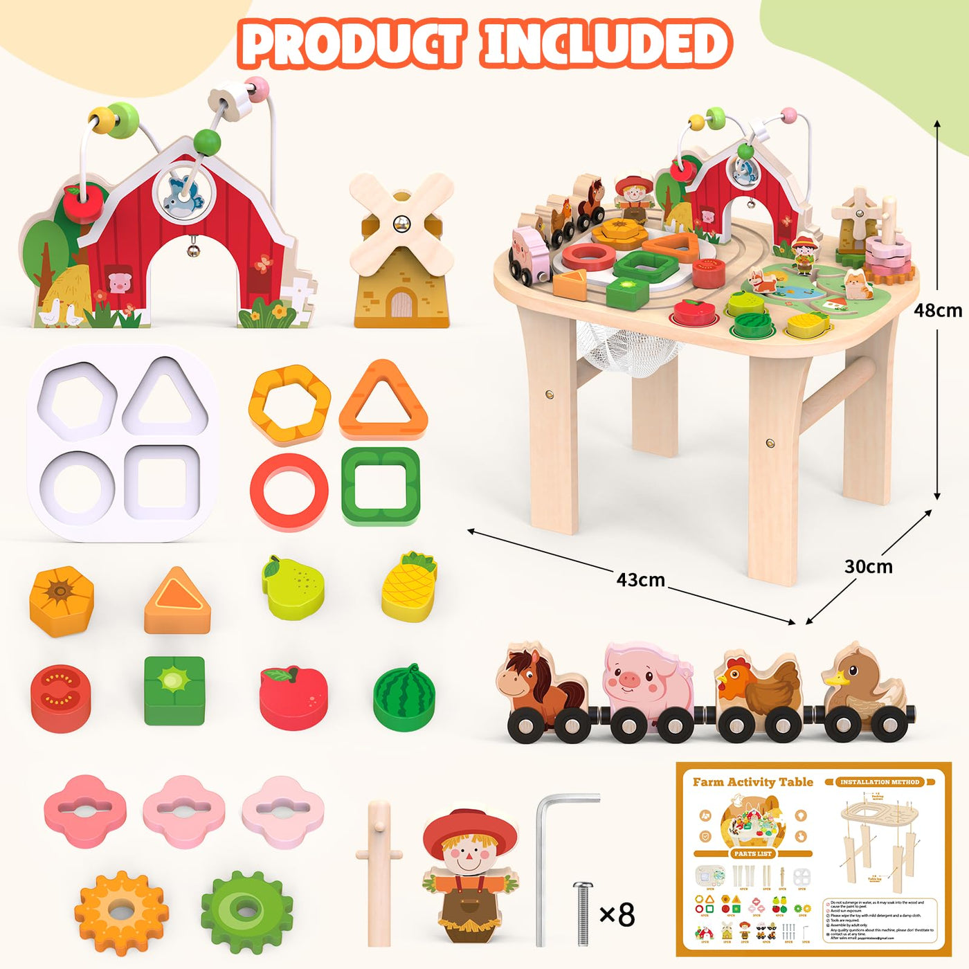 Aktivitätstisch für 1-jährige, Holz-Sinnestisch mit Perlen Labyrinth, Formensorter und Tierische Schienenbahn, Montessori-Farm-Spielcenter, Lernspielzeug ab 12 Monaten (Natürlich)