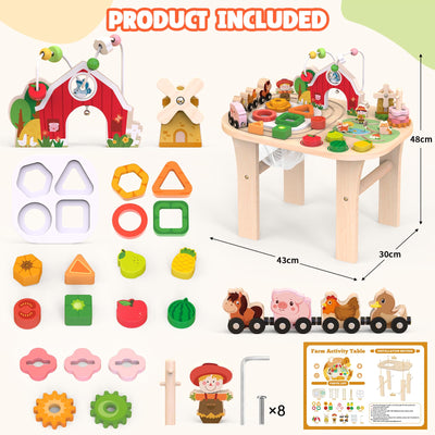 Aktivitätstisch für 1-jährige, Holz-Sinnestisch mit Perlen Labyrinth, Formensorter und Tierische Schienenbahn, Montessori-Farm-Spielcenter, Lernspielzeug ab 12 Monaten (Natürlich)