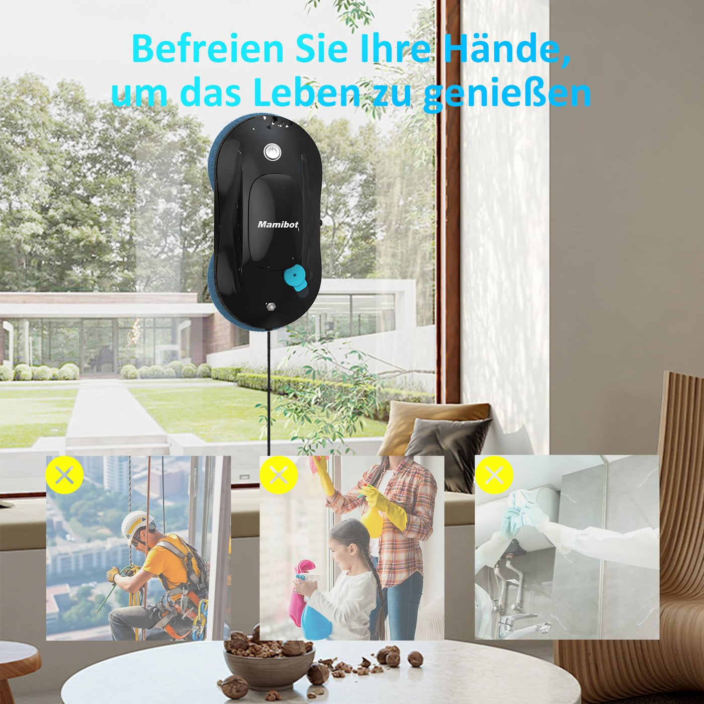 Mamibot W110-P Fensterputzroboter, automatischer intelligenter Navigations-Staubsauger Anti-Drop, mit APP und Fernbedienung, für Glas, Fliesen, 12 Stück Tücher (Schwarz)