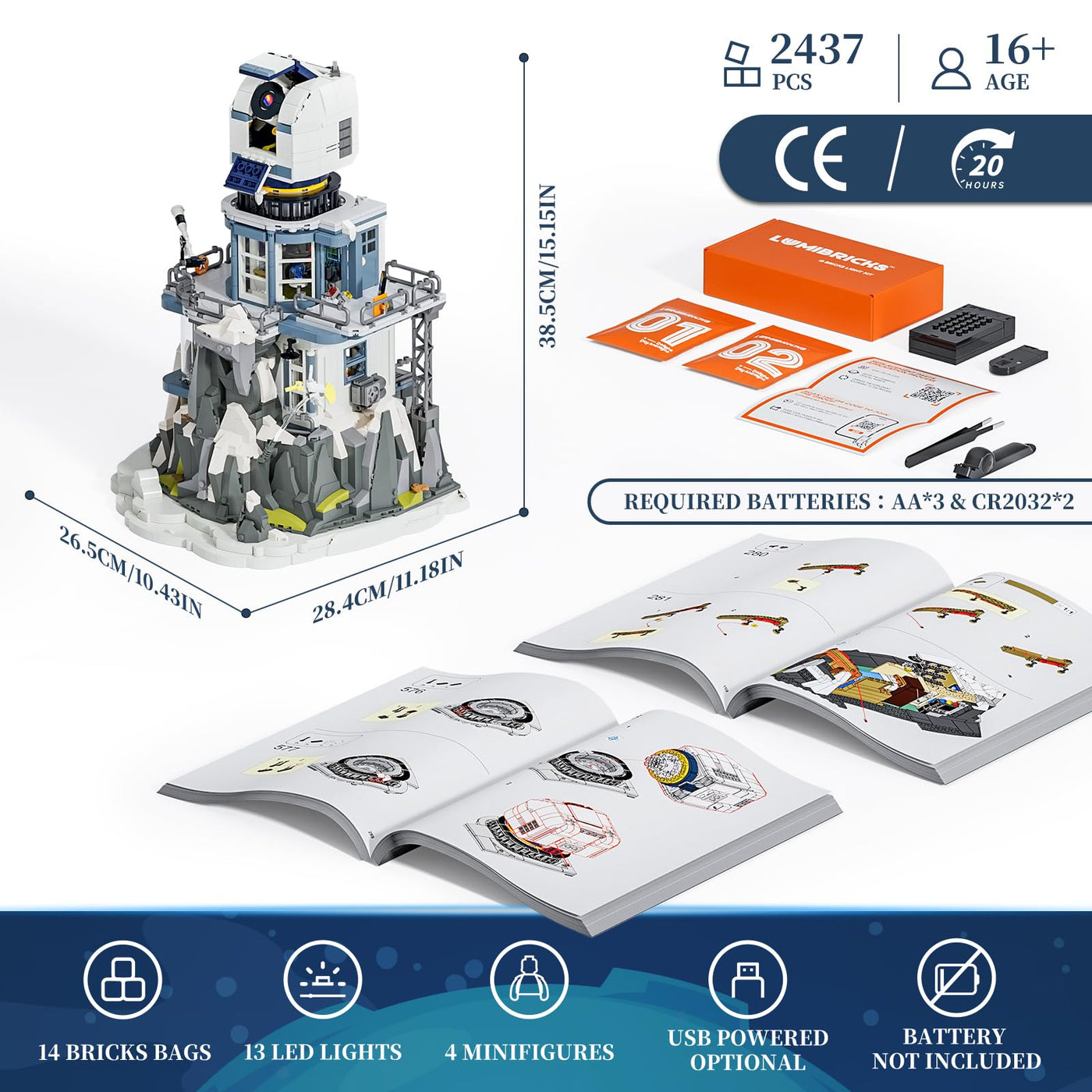 Lumibricks Alpine Sternwarte Modellbausatz mit Licht, Modular Building mit Sternenhimmel Projektor,2437Pcs, Geschenke für Astronomie-Enthusiasten,für Jugendliche und Erwachsene,L9091