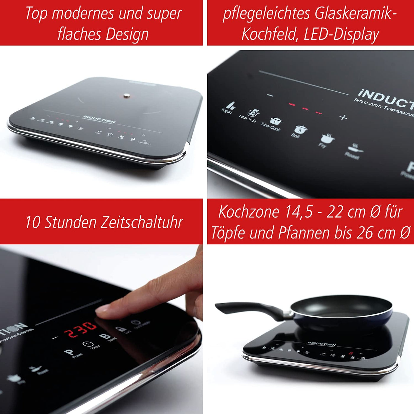 ROMMELSBACHER Einzelkochplatte CTS 2000/IN – Induktion, innovativer Temperatursensor, ersetzt viele Küchengeräte: 6 Programme (z. B. Joghurt, Sous Vide, Frittieren), individuell gradgenau einstellbar
