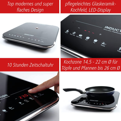 ROMMELSBACHER Einzelkochplatte CTS 2000/IN – Induktion, innovativer Temperatursensor, ersetzt viele Küchengeräte: 6 Programme (z. B. Joghurt, Sous Vide, Frittieren), individuell gradgenau einstellbar
