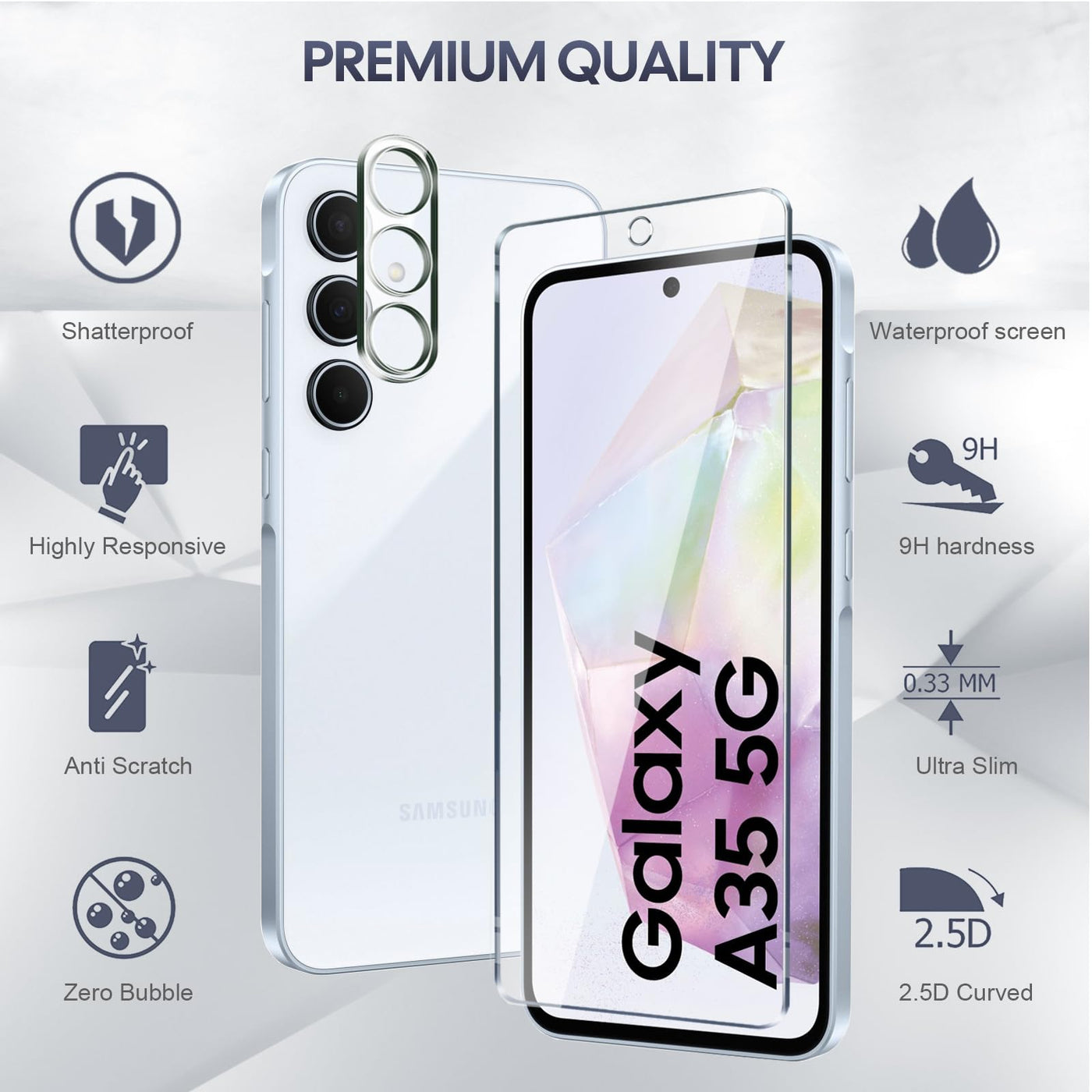 Kiewhay Schutzfolie Kompatibel mit Samsung Galaxy A35 5G Displayschutzfolie 6,6'', 3x Schutzfolie + 2x Kamera Schutzfolie, [9H Härte] [Keine Blasen] 99,99% HD Glasfolie - 5 Stück