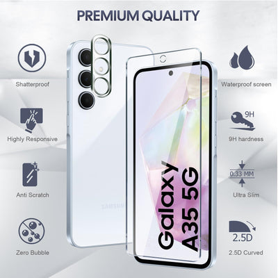Kiewhay Schutzfolie Kompatibel mit Samsung Galaxy A35 5G Displayschutzfolie 6,6'', 3x Schutzfolie + 2x Kamera Schutzfolie, [9H Härte] [Keine Blasen] 99,99% HD Glasfolie - 5 Stück