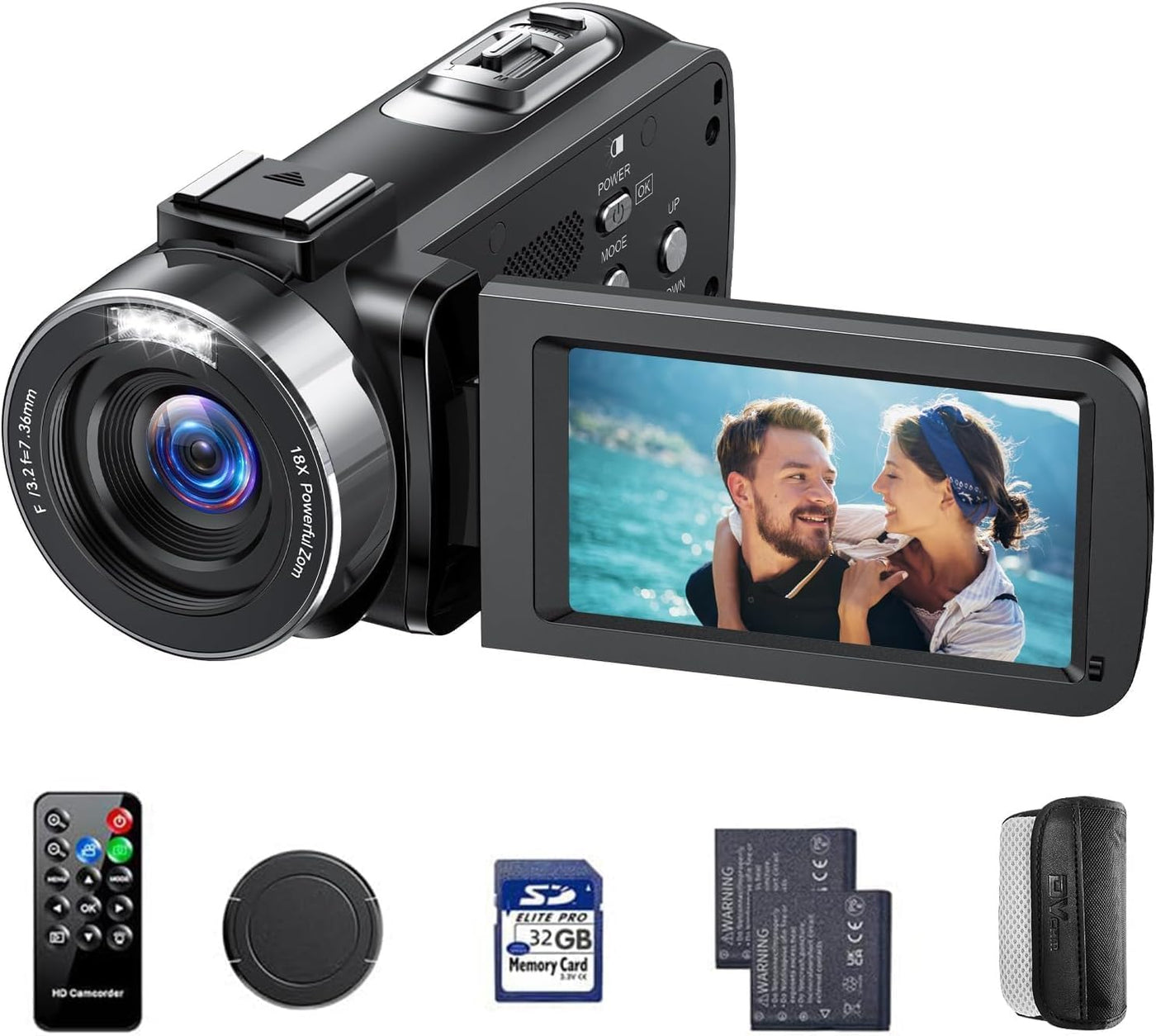 Videokamera 4K Camcorder, 42 MP Videorecorder für Vlogging YouTube 18X Digitalzoom 4K Webcam Camera mit 3-Zoll-Bildschirm um 270° drehbar Kompaktkamera für Reisen mit 2 Akkus, 32 GB-Karte, Fernbe
