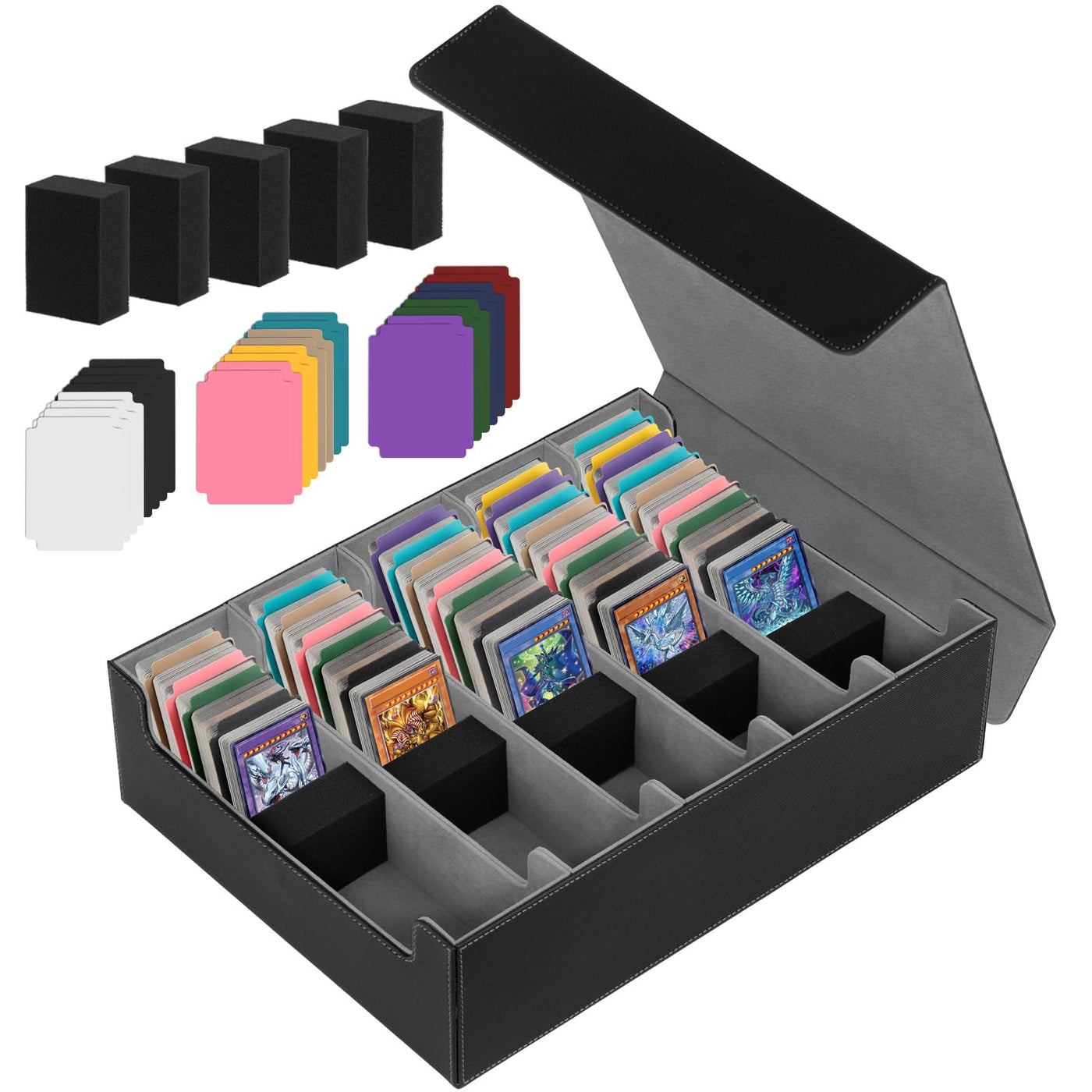 CAUTIOUS 5R Pokemon Deck Box, Sammelkarten Box für 3800+ Karten, MTG-deck Box, Trading Card Box mit 5 Verstellbaren Kartentrennern, mit 48 kompatiblen Kartenteilern (schwarz+grau)