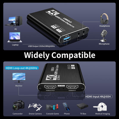 XIIXMASK Video Capture Card, Audio Video Capture Card, USB 3.0 Capture Card 4K HDMI Loop-Out, 1080P 60FPS/2K 30FPS Videospiel-Capture für Streaming, funktioniert für PS5/Switch/Kamera/PC/OBS