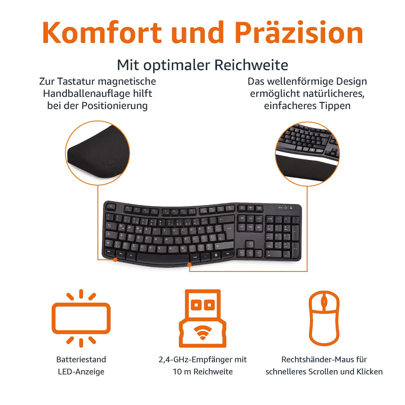 Amazon Basics – Tastatur-Maus-Set, ergonomisch, kabellos, DE Layout - schwarz